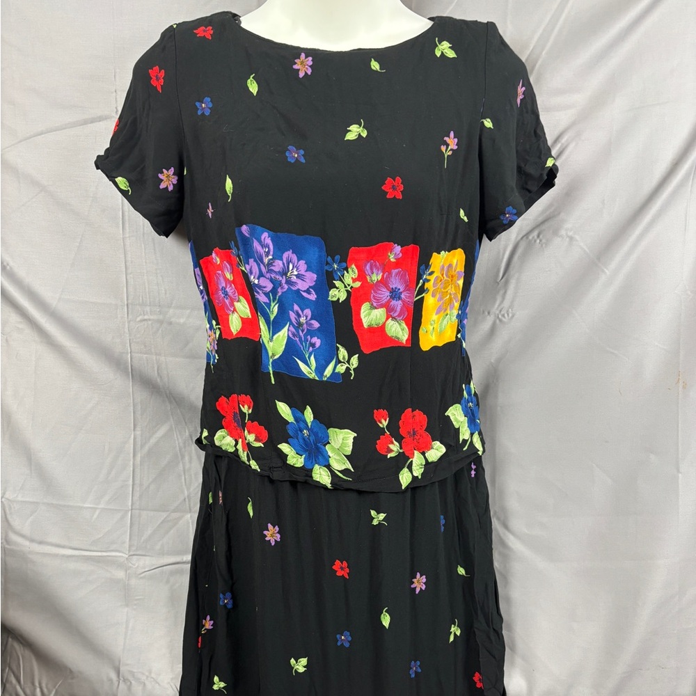 VTG Willow Ridge Womens Black Floral Rayon Dress SZ 16 Blouson Short Sleeve Midi